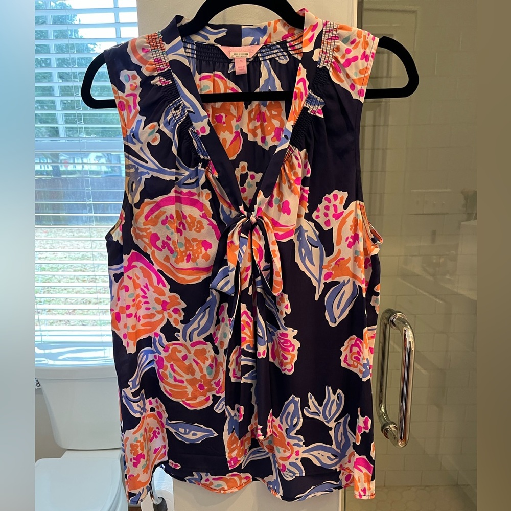 Lilly Pulitzer Dahlia Navy Silk Bow Blouse